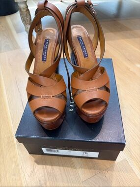 Ralph Lauren Cognac Leather Crisscross Platform Heels